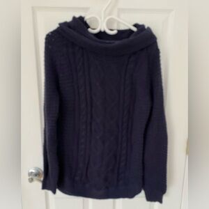 Cozy Cable Knit Cowl Neck Tunic Sweater - Navy